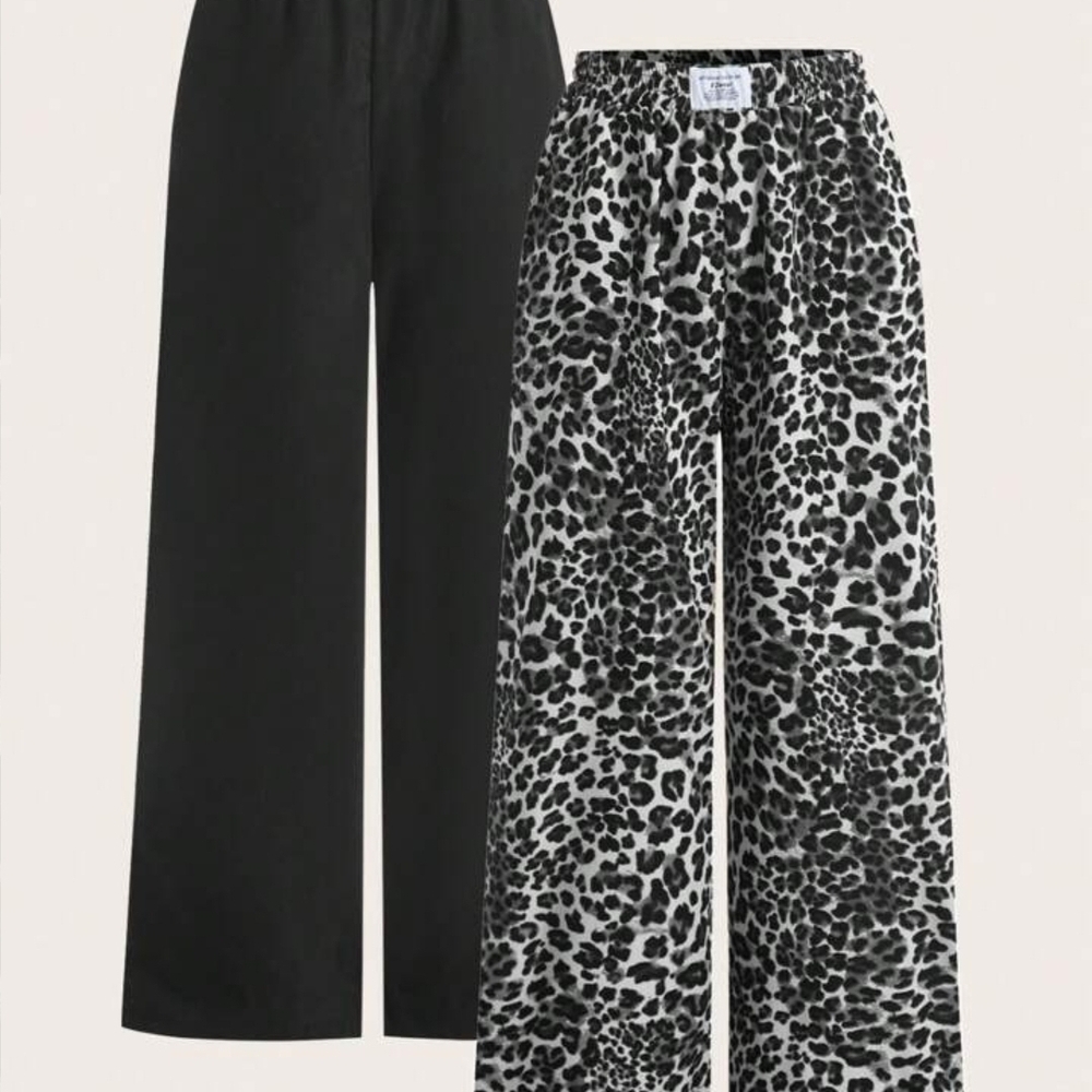 SHEIN Set Of Leopard Print and Black Wide-Leg Pants 3XL